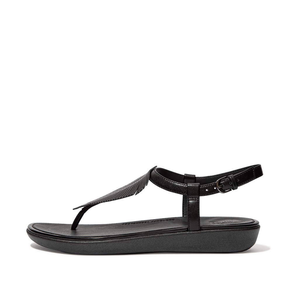 Fitflop Womens Sandals Black - Tia Feather Metallic Leather Back-strap - 97WKVJGXZ